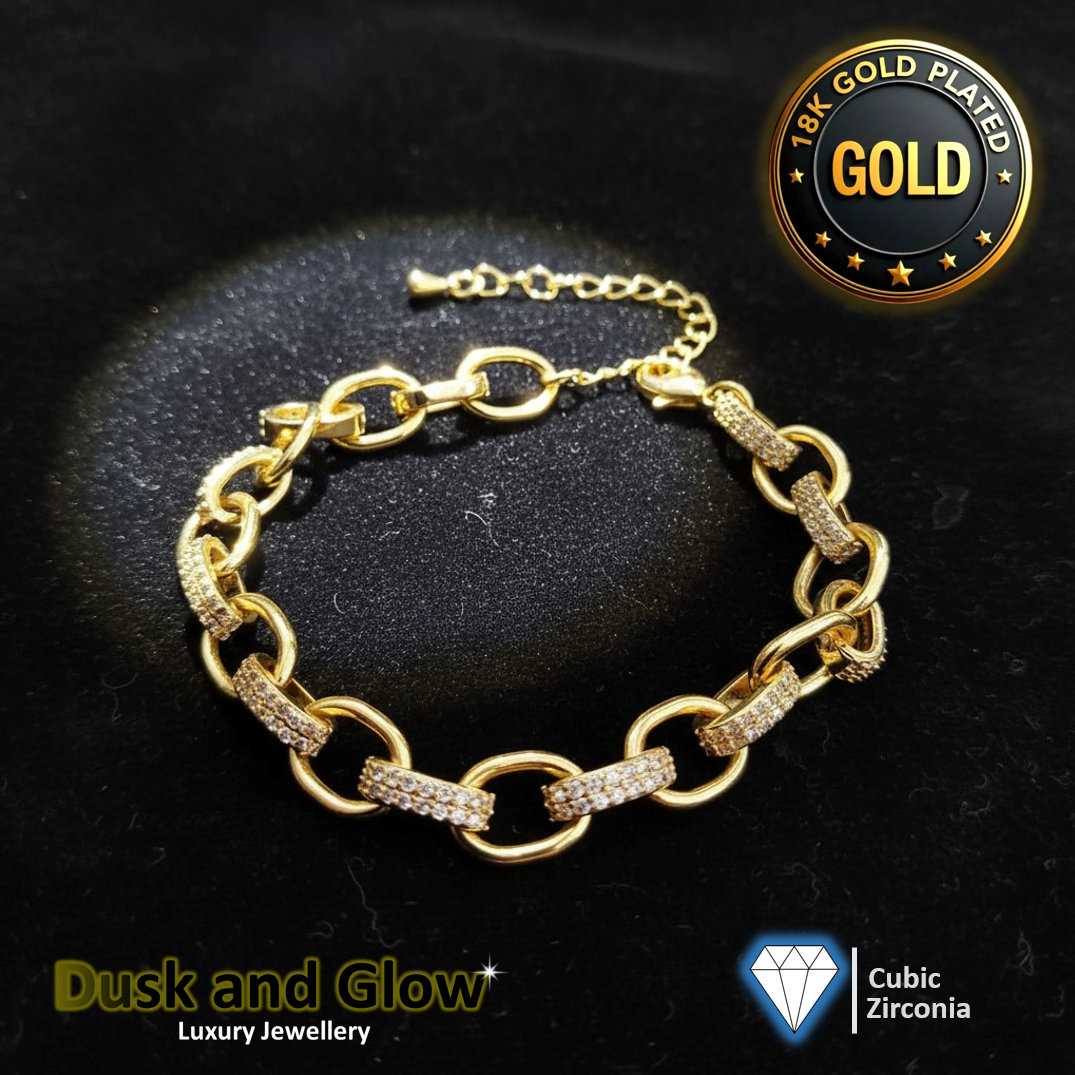 18ct Gold Plated Belcher Bracelet CZ Cubic Zirconia Paved Luxury Chain UK NEW
