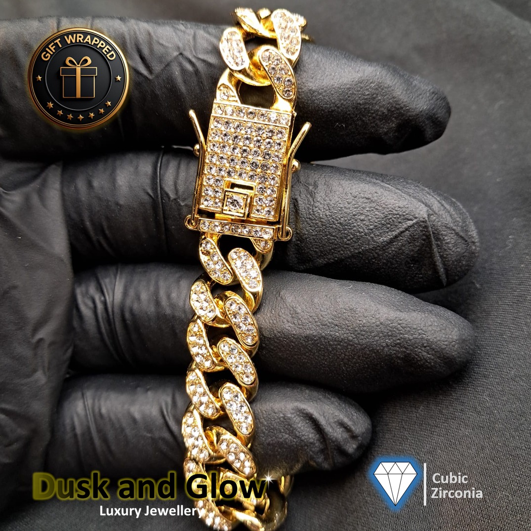Gold Cuban Chain Bracelet Rhine Stone Iced Cubic Zirconia Statement Gift Wrapped