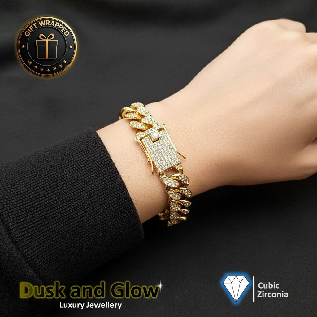 Gold Cuban Chain Bracelet Rhine Stone Iced Cubic Zirconia Statement Gift Wrapped