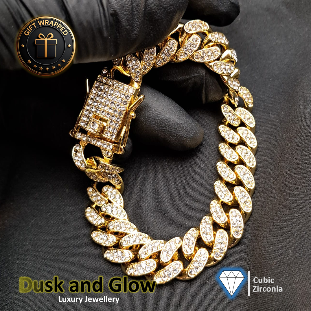 Gold Cuban Chain Bracelet Rhine Stone Iced Cubic Zirconia Statement Gift Wrapped