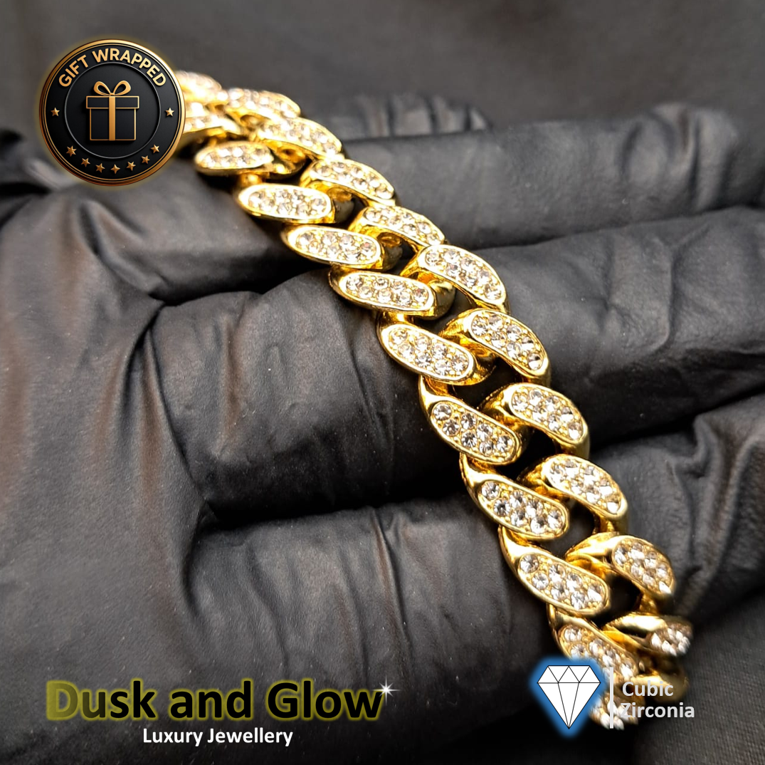 Gold Cuban Chain Bracelet Rhine Stone Iced Cubic Zirconia Statement Gift Wrapped