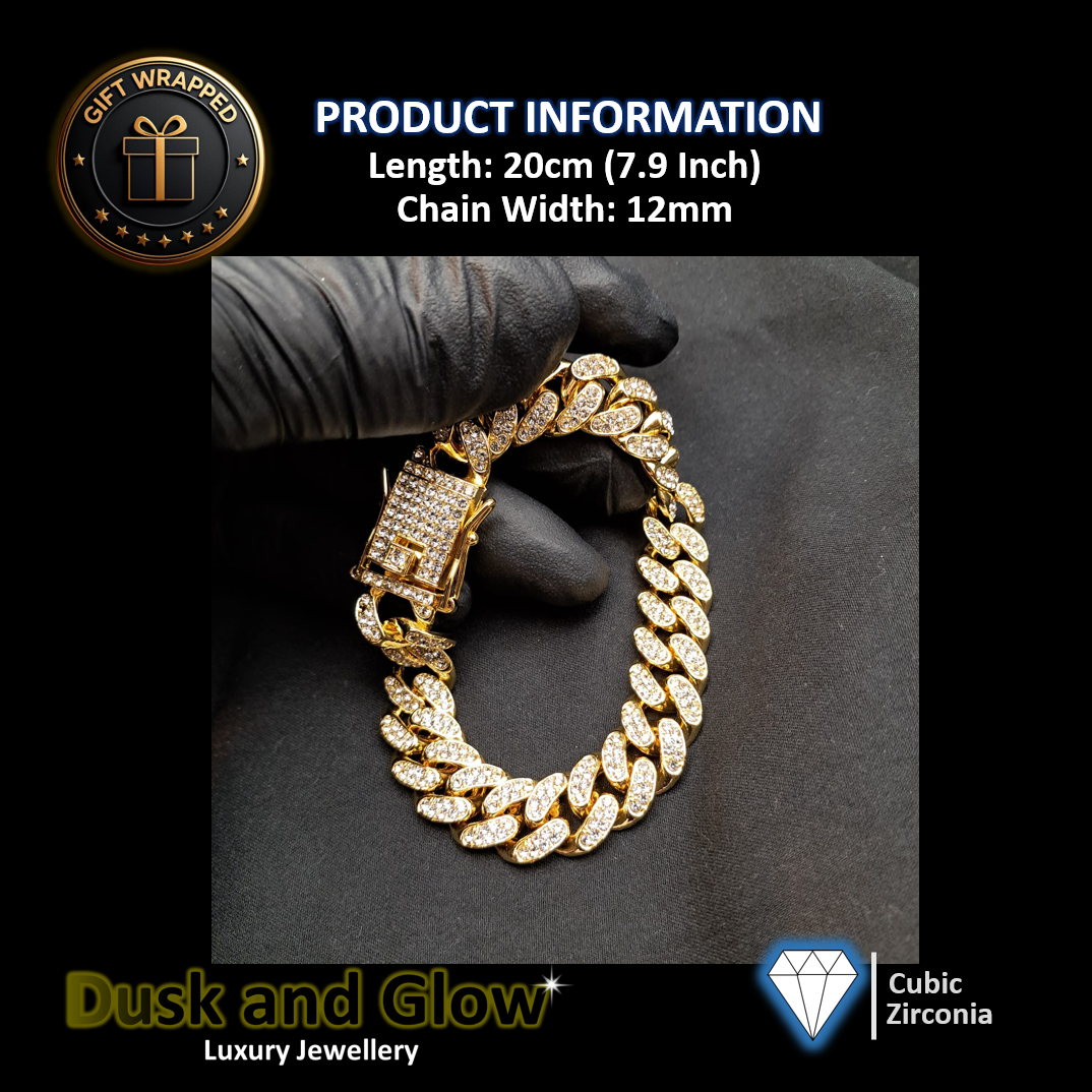 Gold Cuban Chain Bracelet Rhine Stone Iced Cubic Zirconia Statement Gift Wrapped