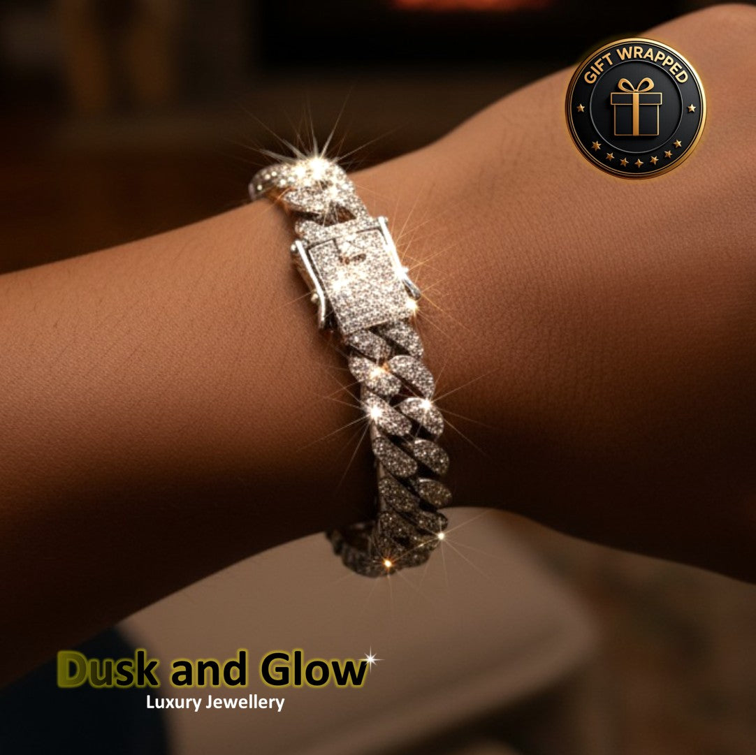 Gold Cuban Chain Bracelet Rhine Stone Iced Cubic Zirconia Statement Gift Wrapped
