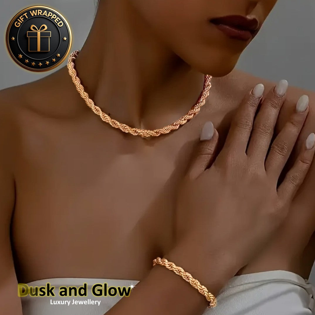 Womens Rose Gold Jewelry Gift Set Necklace Bracelet Twisted Cord