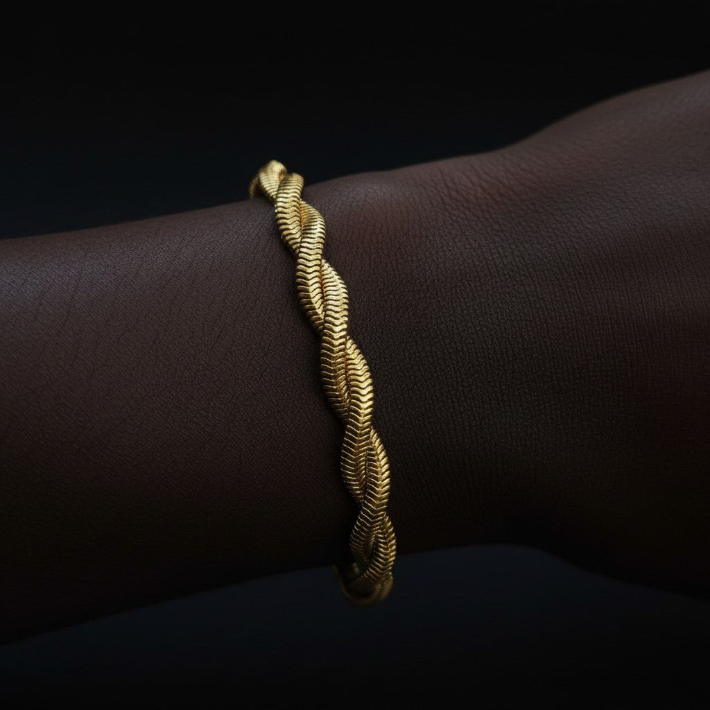 Elegant Gold Twisted Snake Bracelet Luxury 18K Plated Herringbone Detail Design